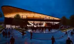 Rendering of the exterior of the Moody Center Plaza West at dusk