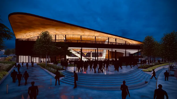 Rendering of the exterior of the Moody Center Plaza West at dusk