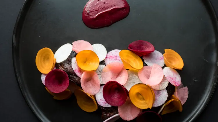 Hestia's heat caramelized Lion’s Mane mushroom marinated in beet juice and ash oil